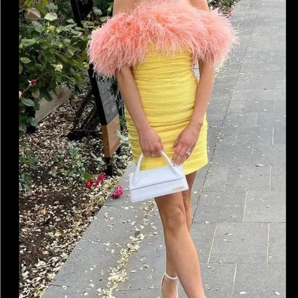 NWOT Rachel Gilbert Pink and Yellow Feathered Mini Dress - Picture 2 of 3